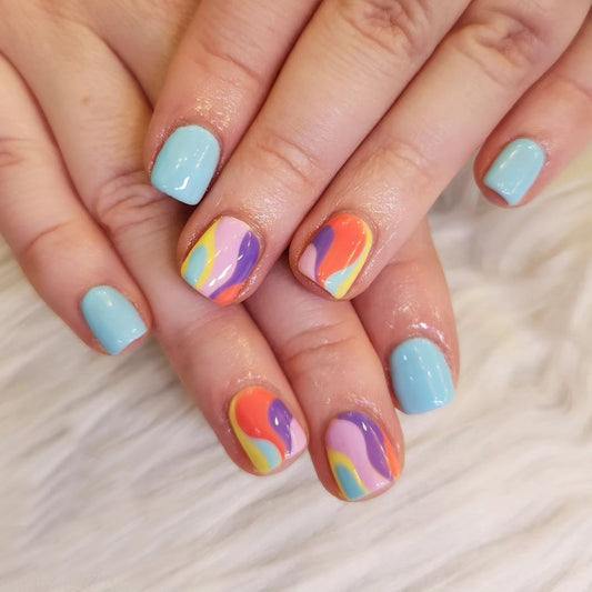 More Accurate Short Square Multicolor Abstract Press On Nails