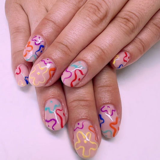Powerful Thoughts Short Round Multicolor Abstract Press On Nails