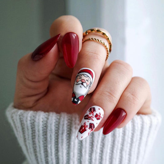 Presents From Santa Long Almond Red Holiday Press On Nails