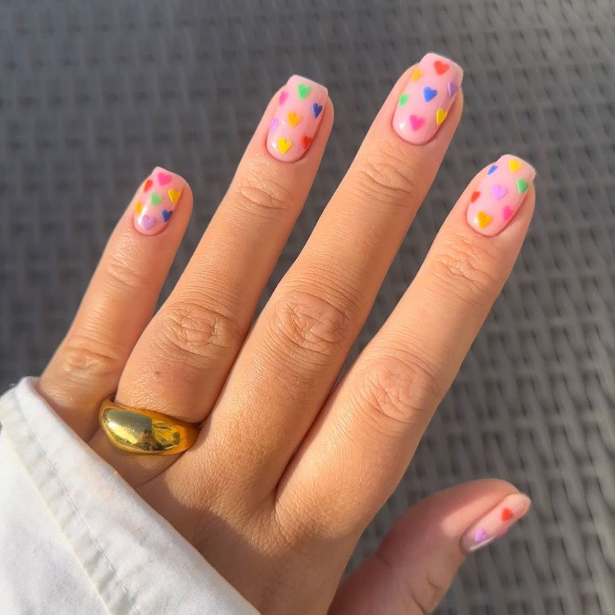 Vibrant Charm Medium Oval Lavender Press-On Nails with Colorful Heart Details for a Playful Finish