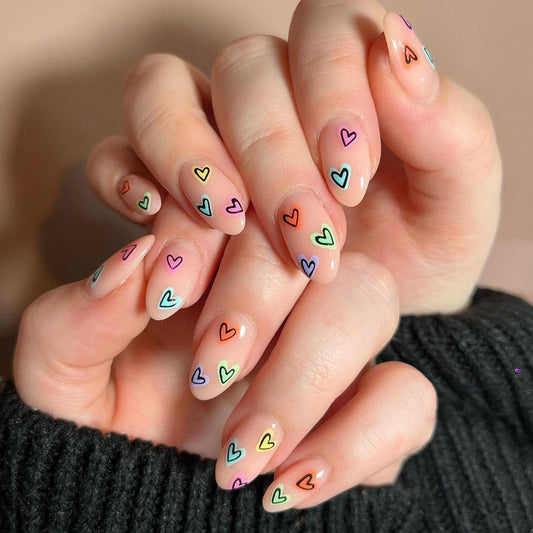 Whimsical Affair Medium Almond Beige Press-On Nails with Multicolored Heart Outlines for a Playful Look