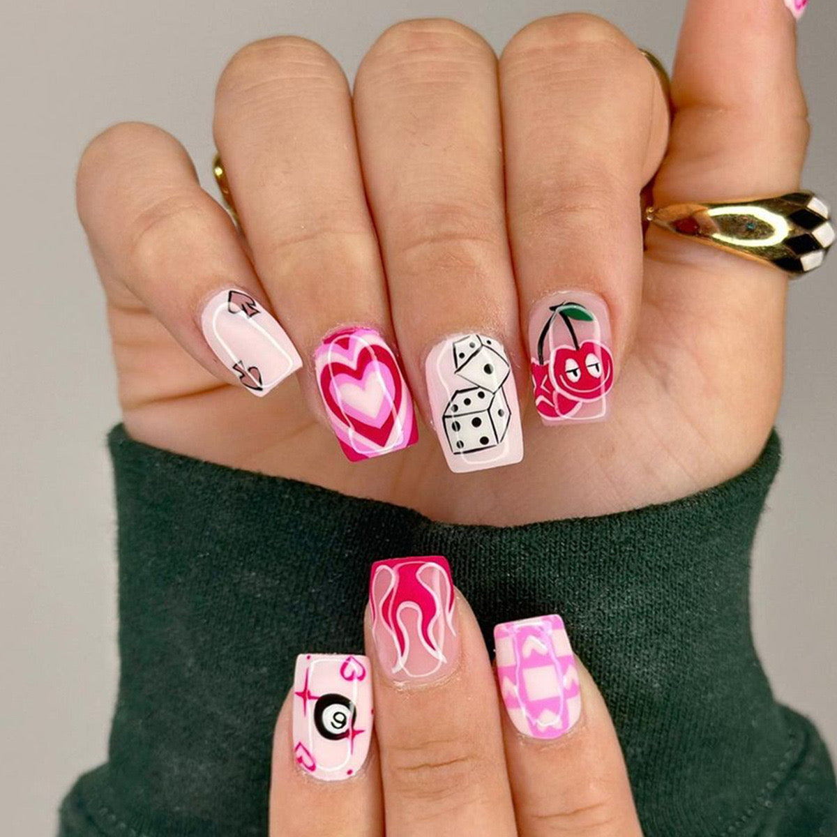 Pop Art Playtime Medium Square White Press-On Nails with Vibrant Pink Patterns and Playful Motifs for a Fun Look