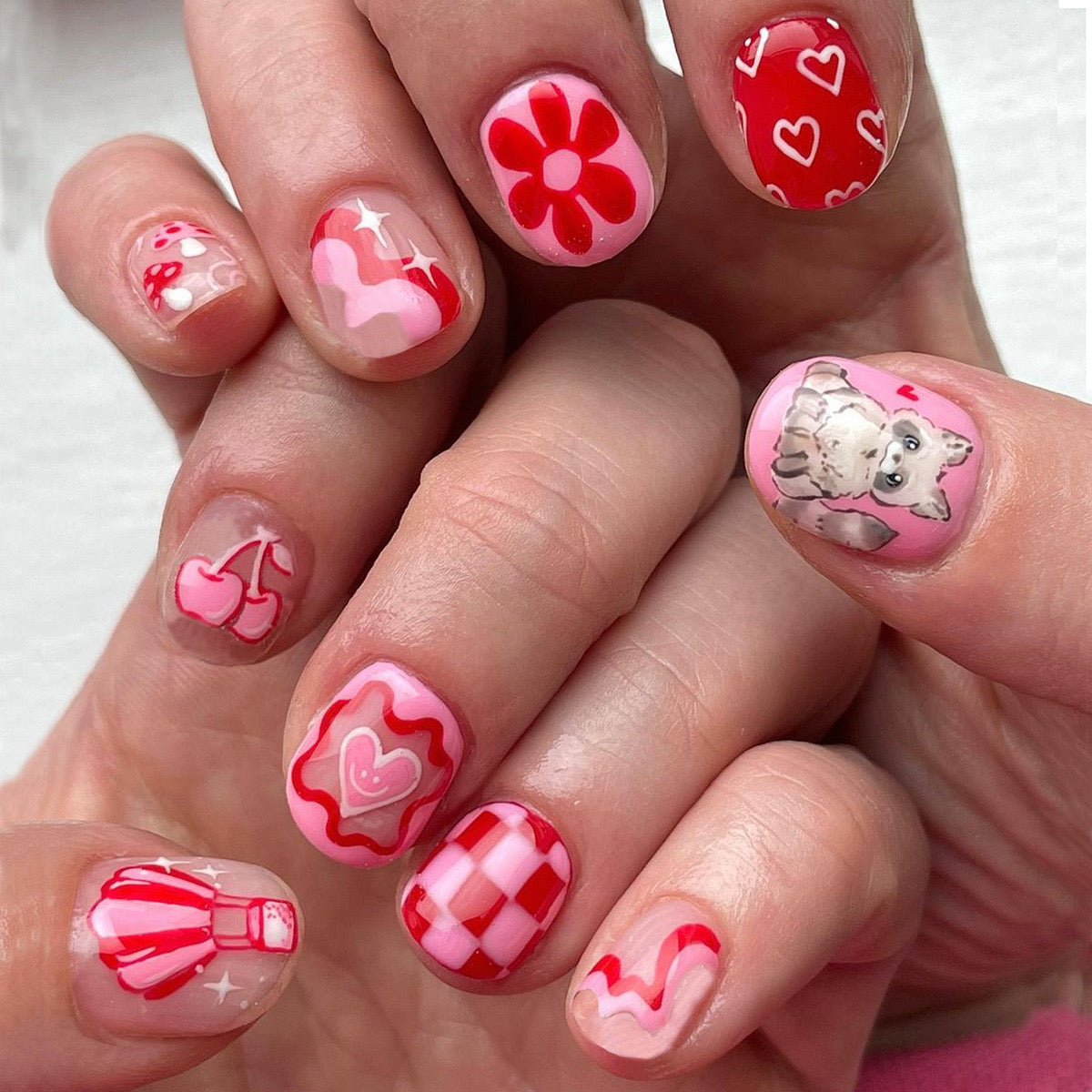 Cherry Pie Doggie Short Round Red Cute Press On Nails