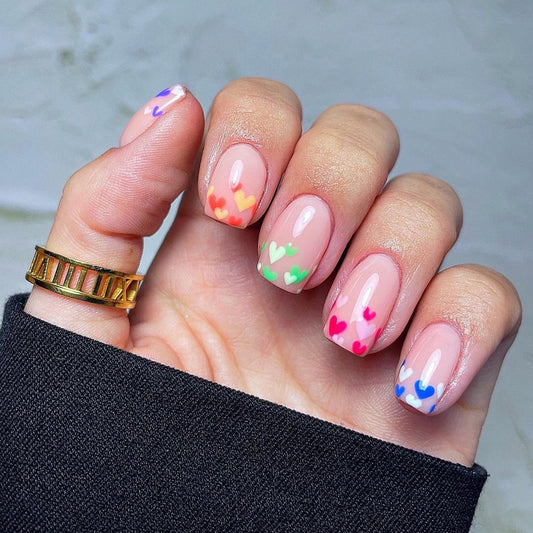 Whimsical Romance Medium Square Multicolor Press-on Nails with Playful Heart Patterns