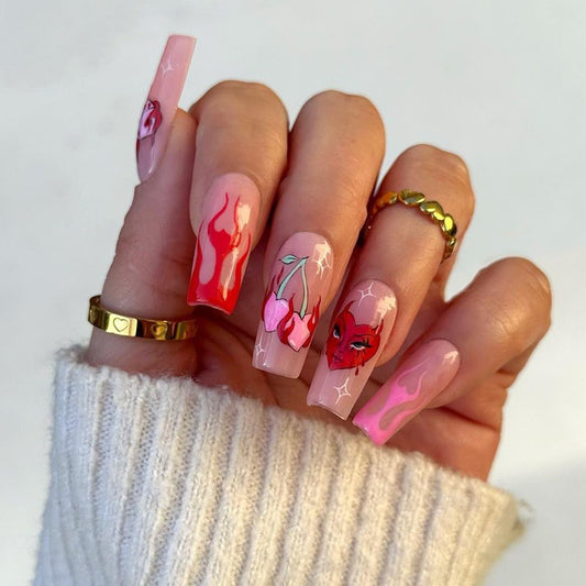 Sultry Siren Long Coffin Pink Press-On Nails with Seductive Flame and Face Art