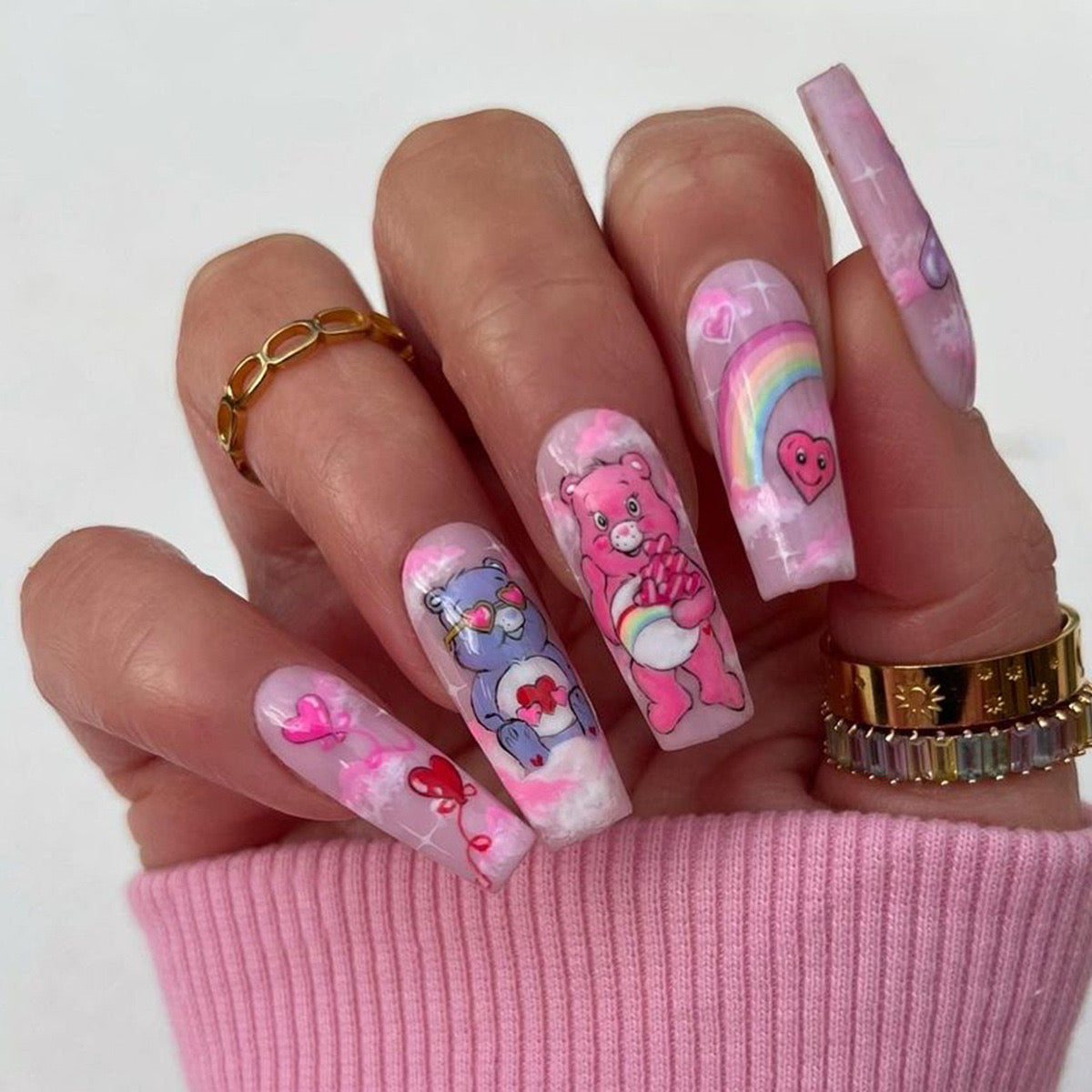 Fantasy Festivity Long Coffin Pastel Pink Press-On Nails with Cheerful Bear and Rainbow Decals