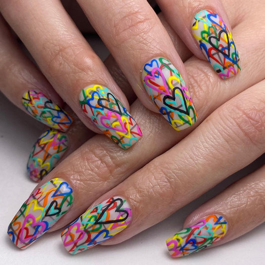 Electric Love Long Coffin Multicolor Press-On Nails with Vibrant Heart Graffiti Art