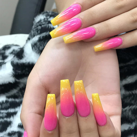 Tropical Sunset Long Coffin Ombre Press On Nail Set with Pink to Yellow Gradient