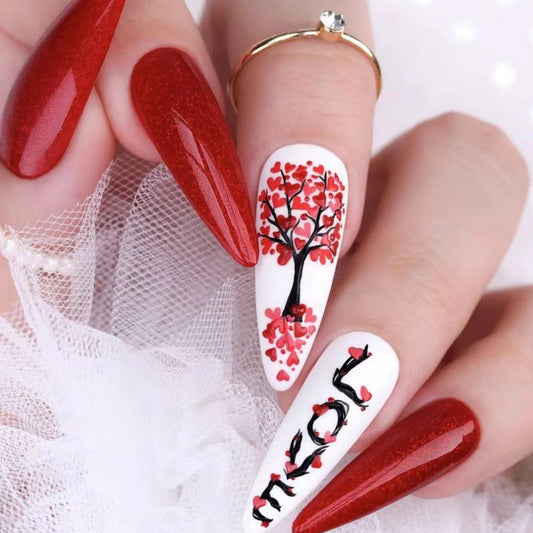 Romantic Rendezvous Long Almond Ruby Red Press-On Nails with Love Tree Art and Glitter Detail