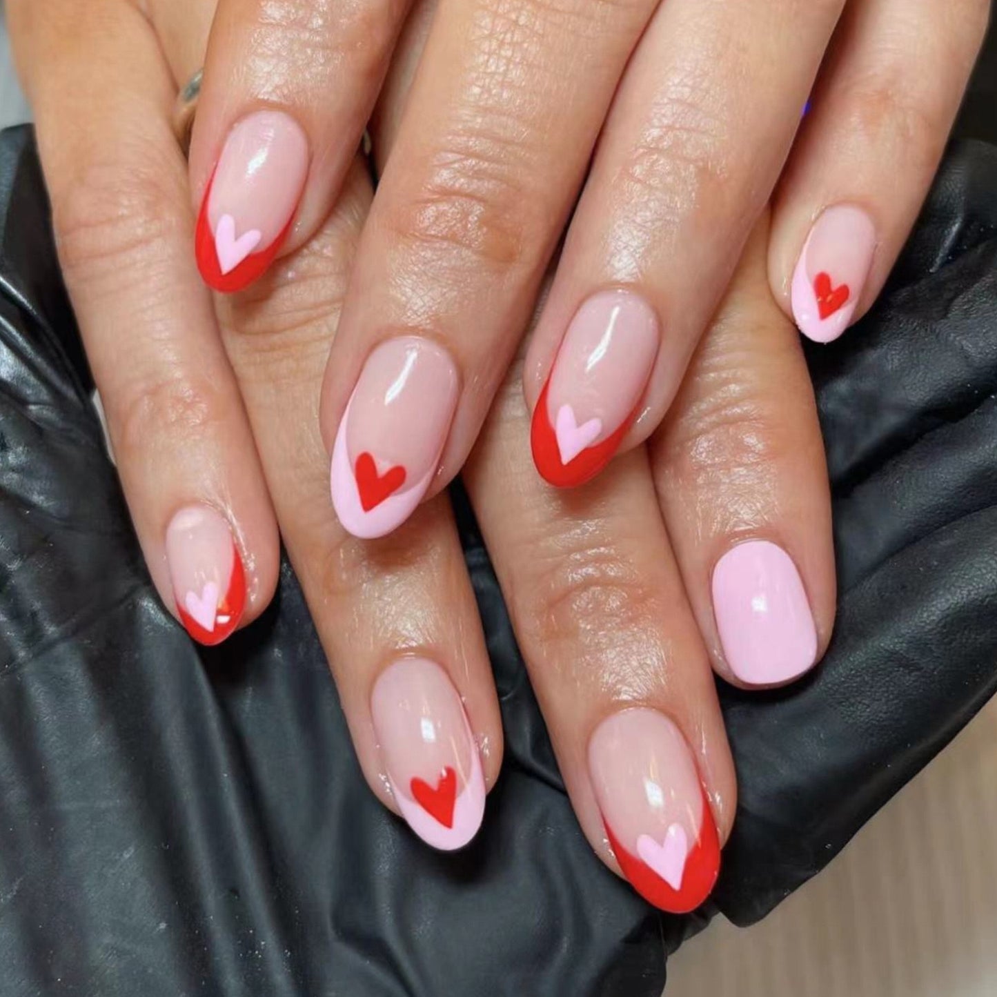Romantic Rendezvous Medium Almond Two-Tone Pink and Red Press-On Nails with Heart Accents