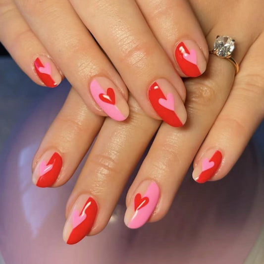Romantic Rendezvous Medium Round Pink and Red Ombre Press-on Nails with Heart Accents