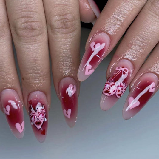 Sweetheart Almond Long Pink Valentine Press-on Nails with Angel and Heart Designs