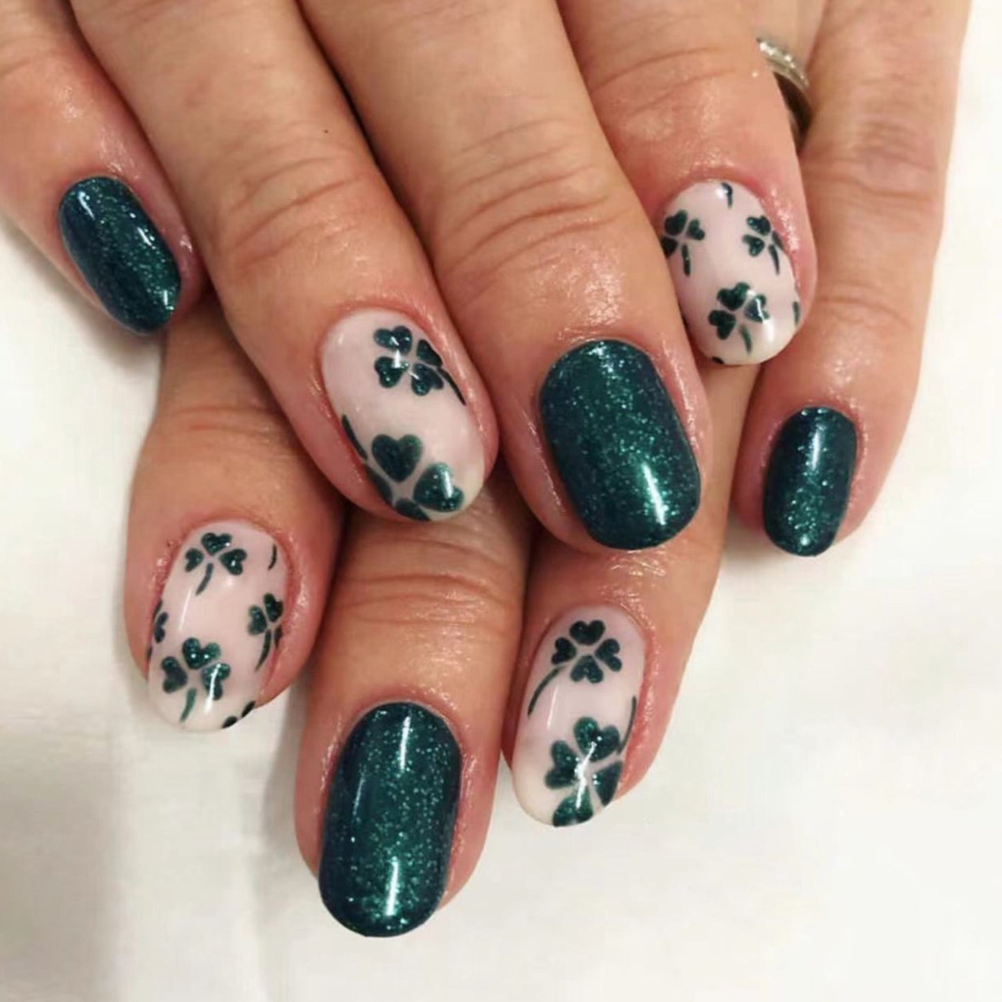 Lucky Charm Medium Squoval Emerald and Shamrock Press-On Nail Set with Glitter Accents