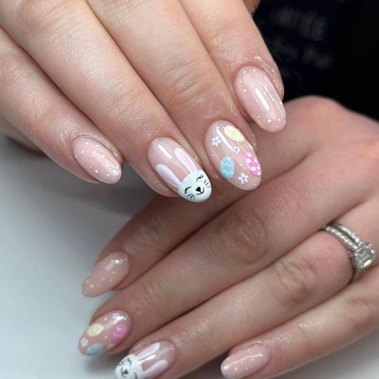 Easter Parade Medium Oval Pale Pink Press On Nails with Polka Dots and Bunny Motif Design