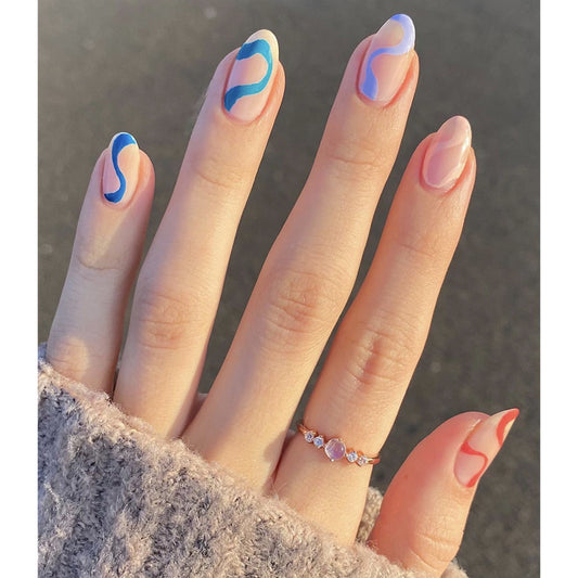 Ocean Waves Short Oval Blue and Pink Swirl Press On Nail Set with Dual-Tone Design
