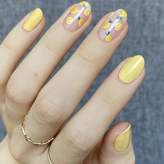 Citrus Summer Bliss Short Round Yellow Press On Nail Set with Fruit Accents