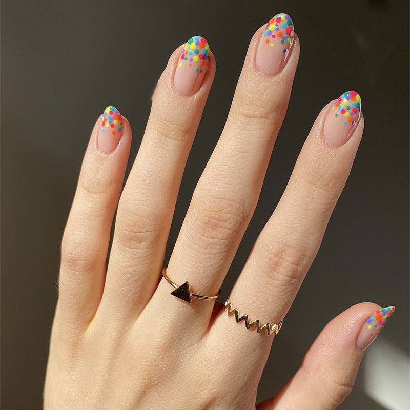 Carnival Festivity Medium Round Beige Press On Nail Set with Colorful Confetti Sprinkles