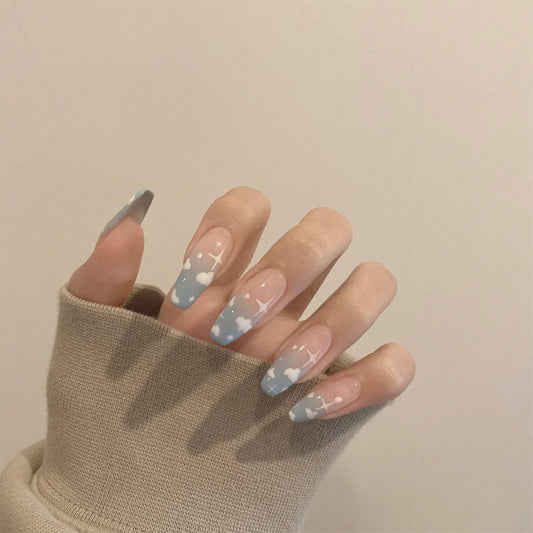 Serene Skies Long Coffin Baby Blue and Beige Press On Nail Set with Cloud Patterns