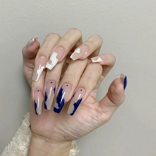 Abstract Artistry Long Coffin Beige to Navy Ombre Press On Nail Set with Drip Effect
