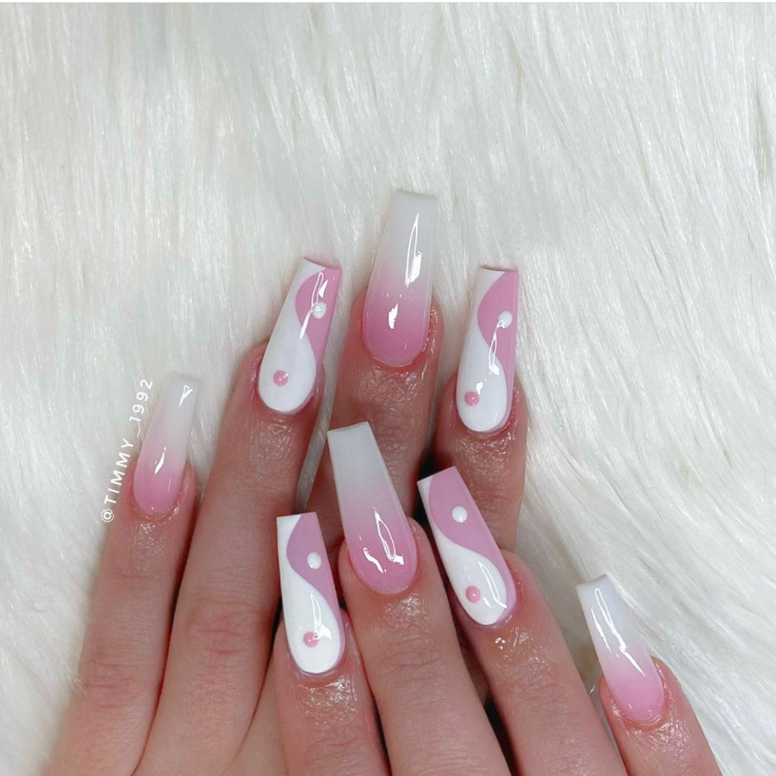 Melodic Notes Long Coffin Pink and White Press On Nail Set with Musical Note Accents