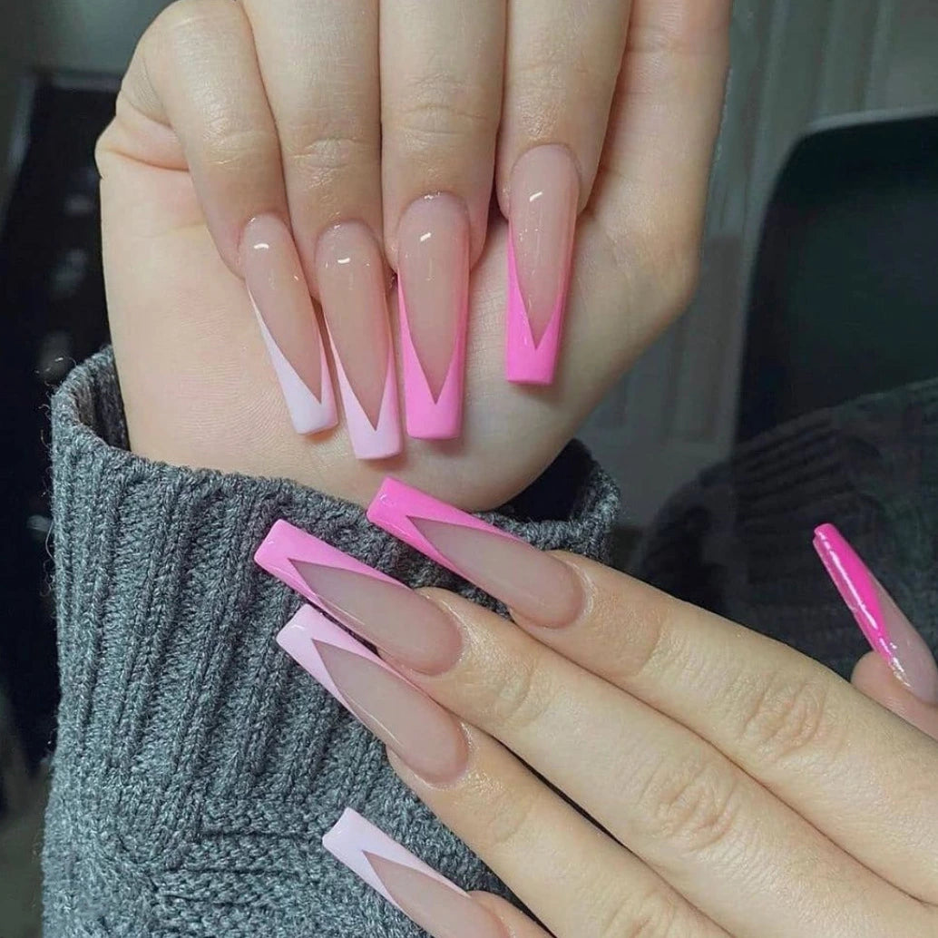 Vibrant Transition Long Coffin Beige to Hot Pink Ombre Press On Nail Set with Sharp French Tips