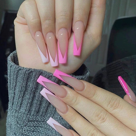 Vibrant Transition Long Coffin Beige to Hot Pink Ombre Press On Nail Set with Sharp French Tips