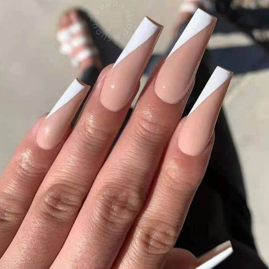 Beachside Chic Long Coffin Beige Press On Nail Set with White Geometric French Tips