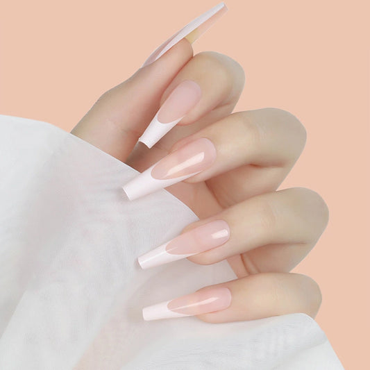 Blushing Bride Extra Long Coffin Beige Press On Nail Set with Classic White Tips