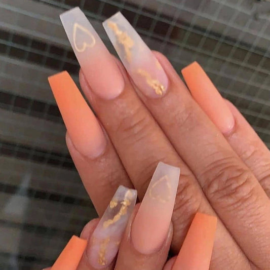 Peach Gold Elegance Long Coffin Beige Press On Nail Set with Peach Accents and Gold Foil Details