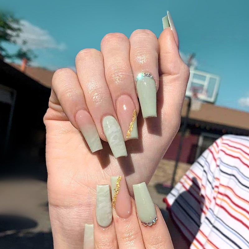 Urban Chic Long Square Olive Green Press On Nail Set with Gold Flake Accents and Rhinestone Embellishment