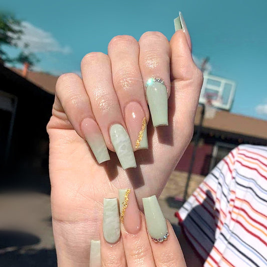 Urban Chic Long Square Olive Green Press On Nail Set with Gold Flake Accents and Rhinestone Embellishment