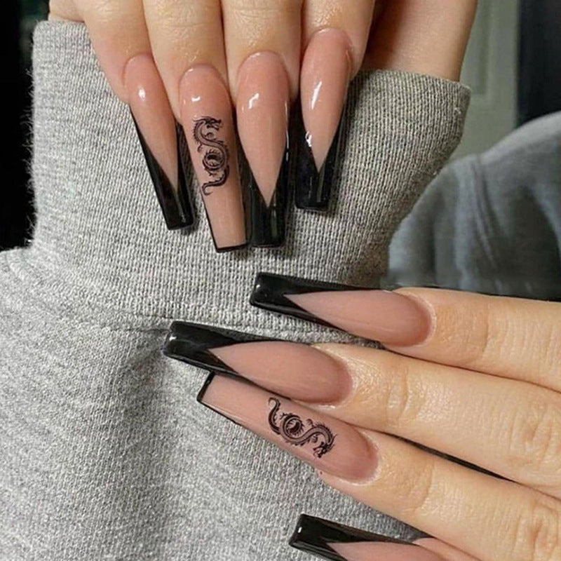 Mystical Dragon Long Coffin Beige to Black Ombre Press On Nail Set with Engraved Designs