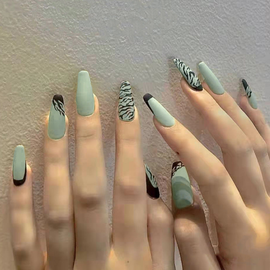 Safari Escape Extra Long Coffin Sage Green Press On Nail Set with Black Zebra Print Accents