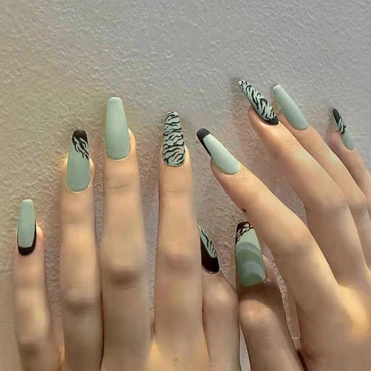 Safari Escape Extra Long Coffin Sage Green Press On Nail Set with Black Zebra Print Accents