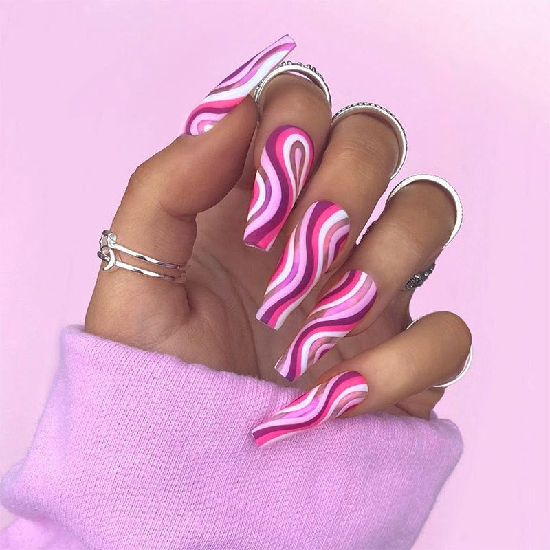 Candy Swirl Long Coffin Pink and White Press On Nail Set