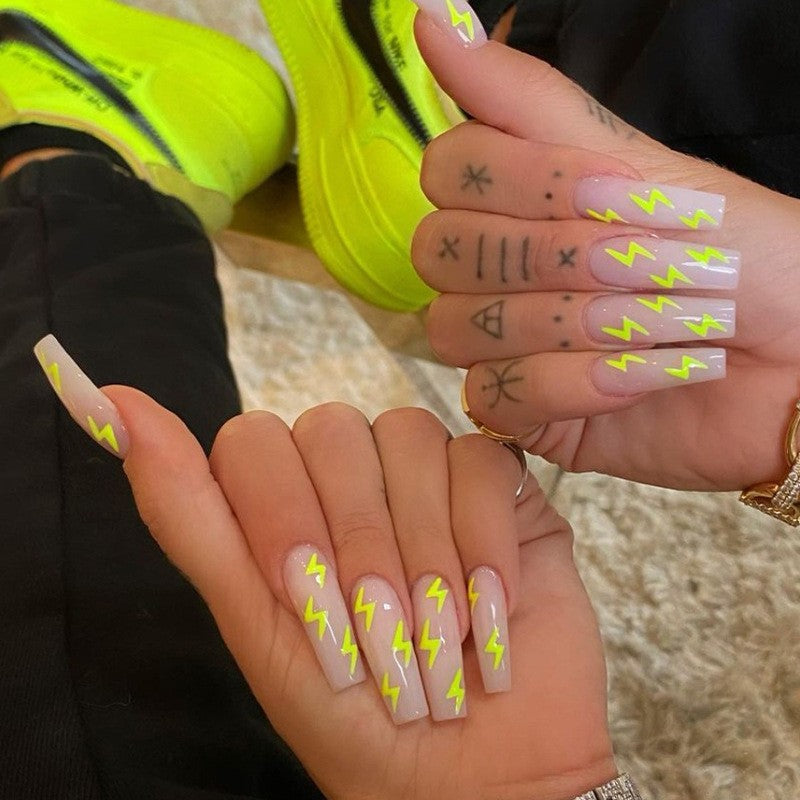Electric Charge Extra Long Coffin Lavender Press On Nails with Neon Yellow Lightning Bolt Design