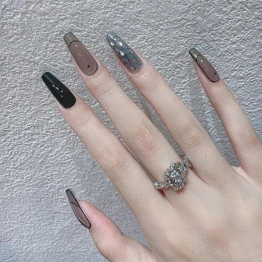 Modern Elegance Long Coffin Black Taupe and Glitter Press On Nails with Accent Designs