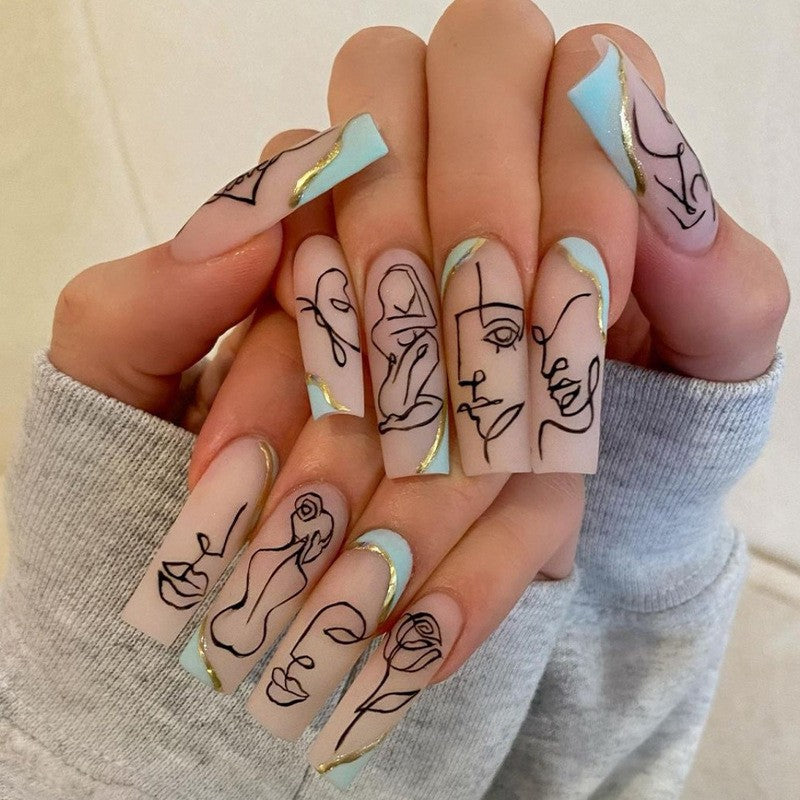 Abstract Artistry Long Square Beige Press On Nails with Line Drawing Faces and Gold Accents