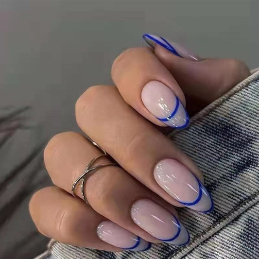 Chic Contour Medium Oval Beige Press On Nails with Blue Outline Design