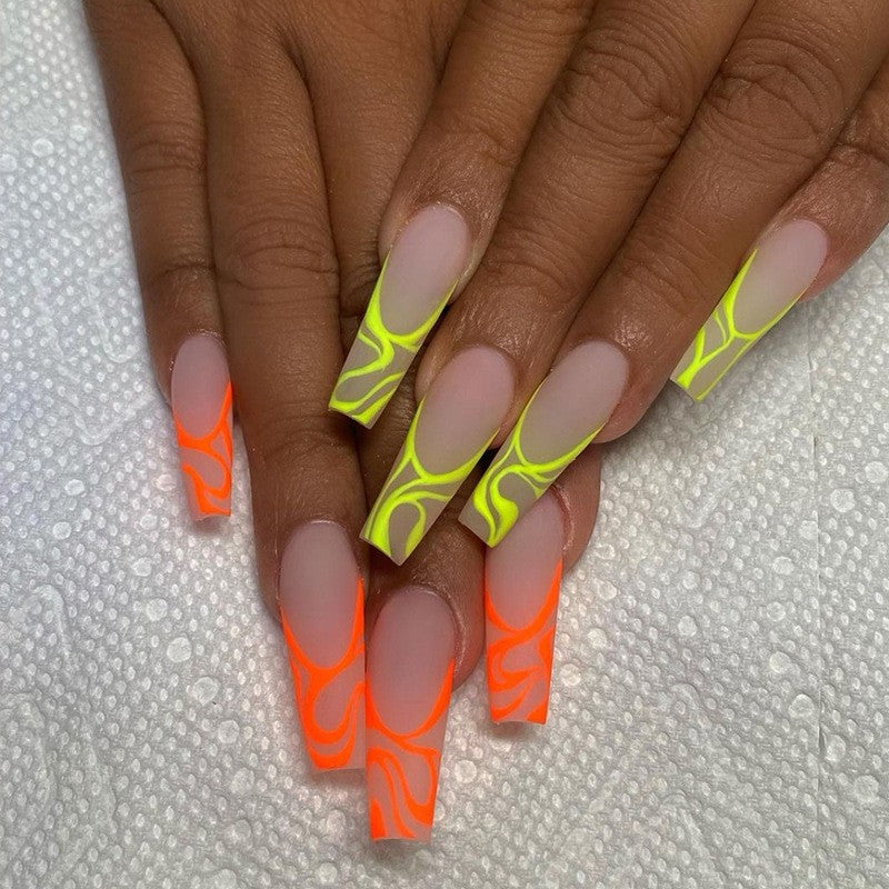 Neon Flame Long Coffin Beige Press On Nails with Orange and Green Fire Pattern