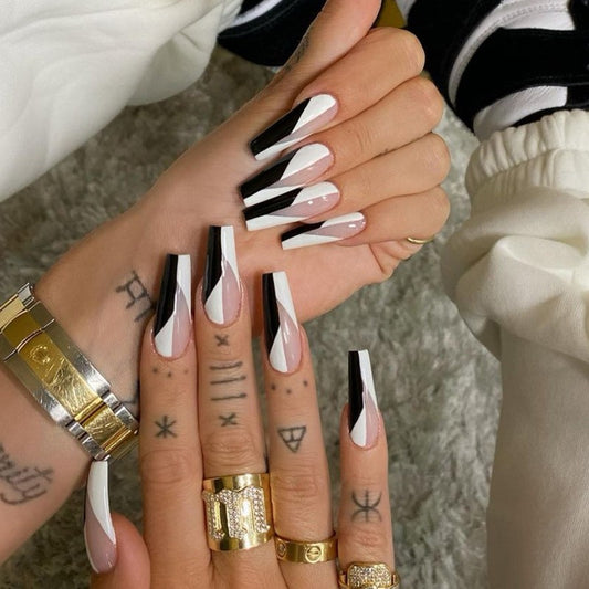 Monochrome Elegance Extra Long Coffin Beige and Black Press On Nails with Geometric Design