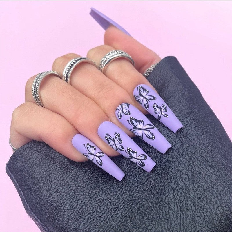 Lavender Dreams Extra Long Coffin Lilac Press On Nails with White Butterfly Accents