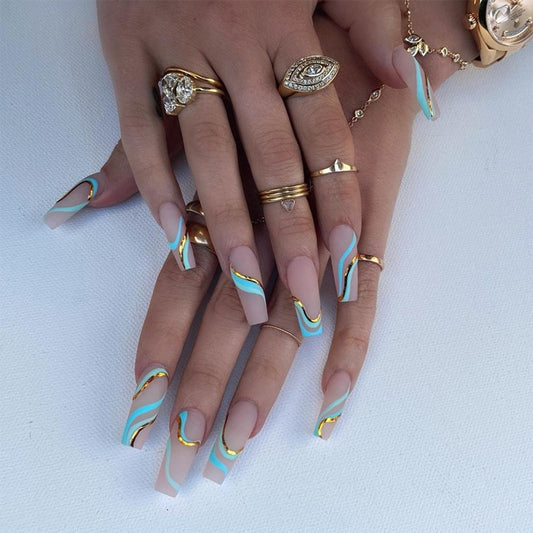 Turquoise Twist Long Coffin Beige Press On Nails with Aqua Swirls and Gold Accents