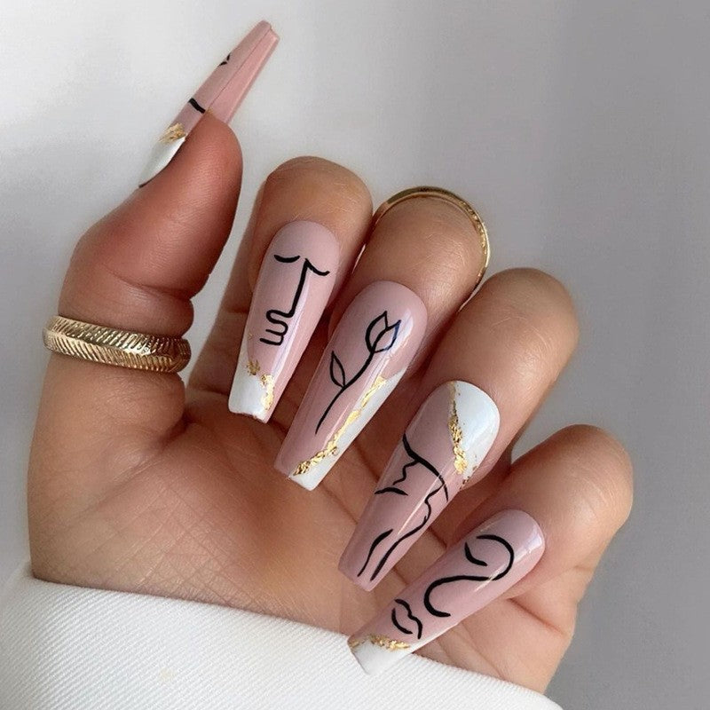 Minimalist Muse Medium Coffin Pink Press On Nails with Abstract Line Art and Gold Flakes