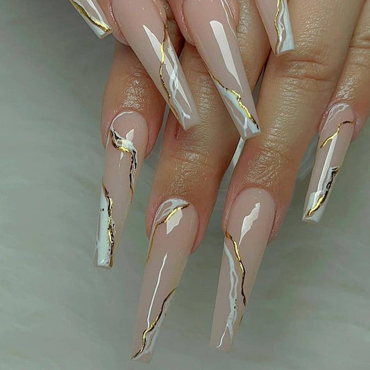 Luxury Marble Long Coffin Beige Press On Nails with White Veins and Gold Foil Accents
