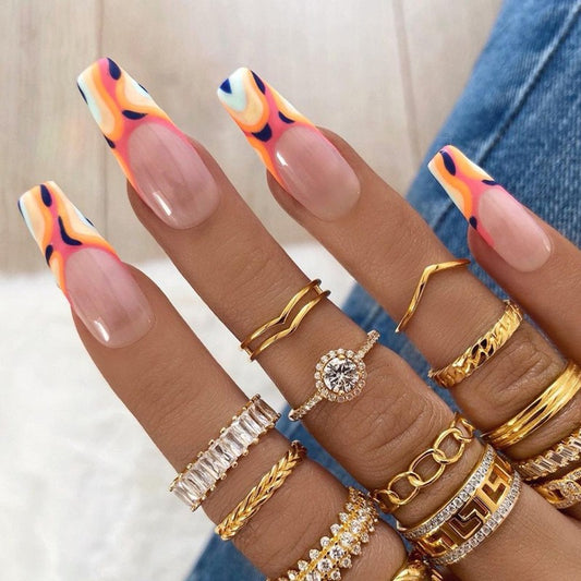 Groovy Flames Extra Long Coffin Beige Press On Nails with Retro Orange and Blue Swirl Design