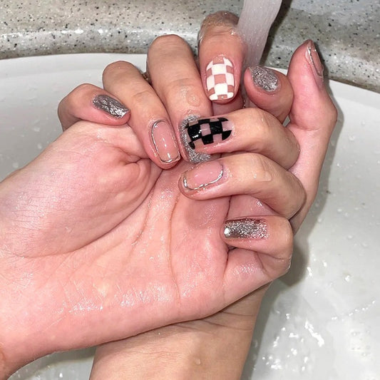 Sparkling Mosaic Short Square Clear Press On Nails with Glitter and Checkered Pattern Design