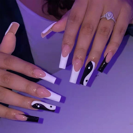 Midnight Yin Yang Long Coffin Beige Press On Nails with Black and White Accents and Purple Undertones