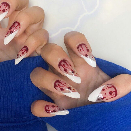 Vampire Kiss Medium Almond White Press On Nails with Dripping Blood Design