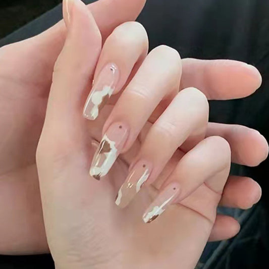 Chic Camouflage Long Coffin Clear Press On Nails with Beige Abstract Pattern Design